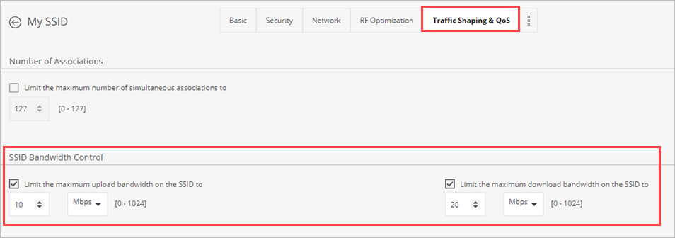 Screen shot of the Traffic Shaping bandwidth options in an SSID Profile